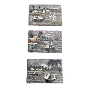 3 Piece Vietnamese Wood Black Lacquer Daily Life Fishing Village Eggshell Wall A
